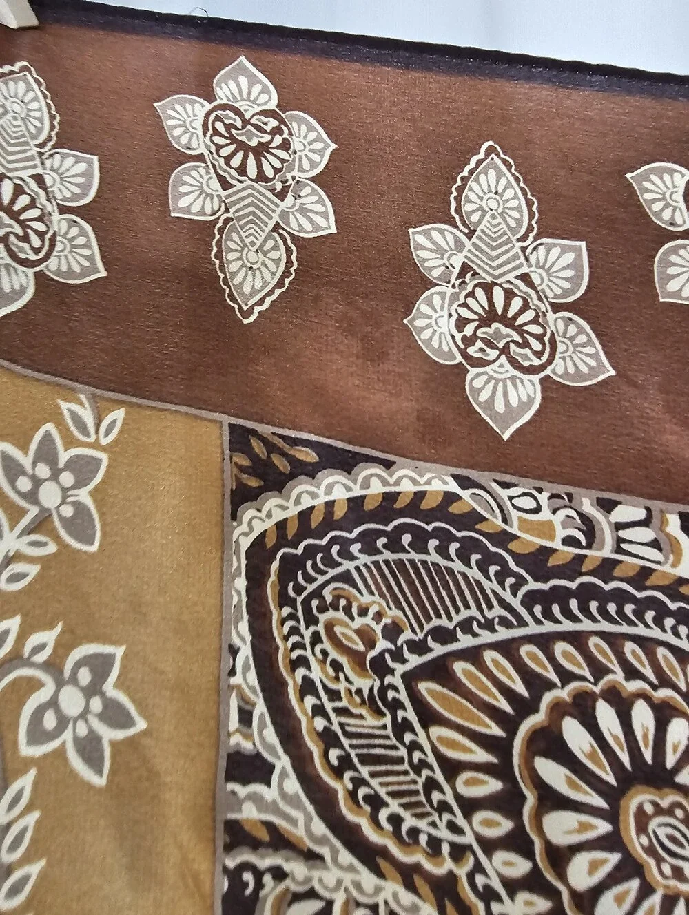 Echo 100% Silk Square Scarf Brown Tan Floral Paisley Boho Neck Hair Bag